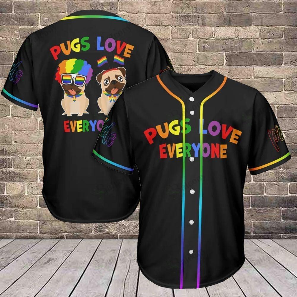 LGBT - Pugs Love Baseball Jersey, Pugs Love Everyone Baseball Tee Jersey Shirt Men Women, Gift For Dog Lovers, Dad Mom Dog - Amzanimalsgift