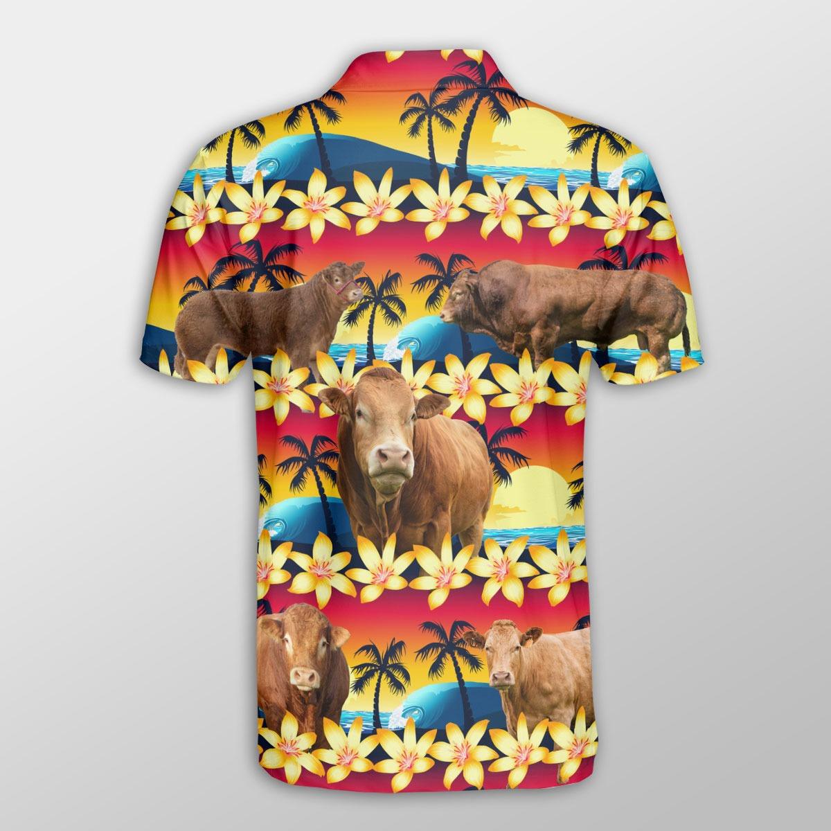 Limousin Men Polo Shirts For Summer - Limousin Beach Sunset Pattern Button Shirts For Men - Perfect Gift For Limousin Lovers, Cattle Lovers - Amzanimalsgift