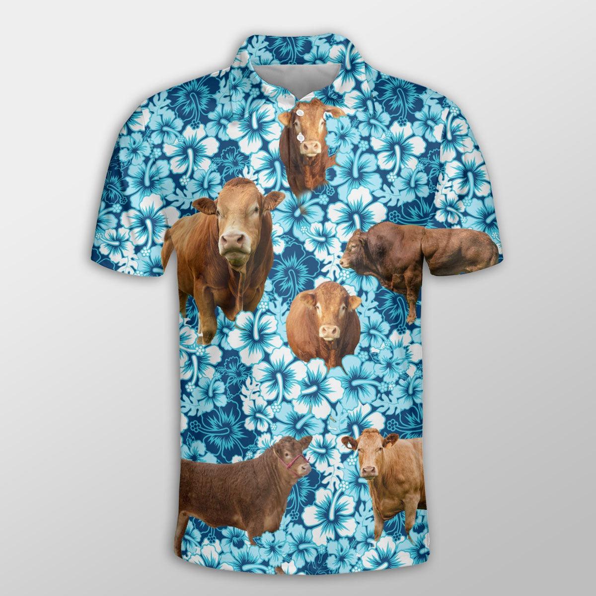 Limousin Men Polo Shirts For Summer - Limousin Blue Hibiscus Pattern Button Shirts For Men - Perfect Gift For Limousin Lovers, Cattle Lovers - Amzanimalsgift