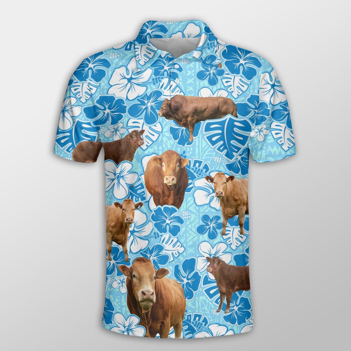 Limousin Men Polo Shirts For Summer - Limousin Cattle Blue Floral Button Shirts For Men - Perfect Gift For Limousin Lovers, Cattle Lovers - Amzanimalsgift