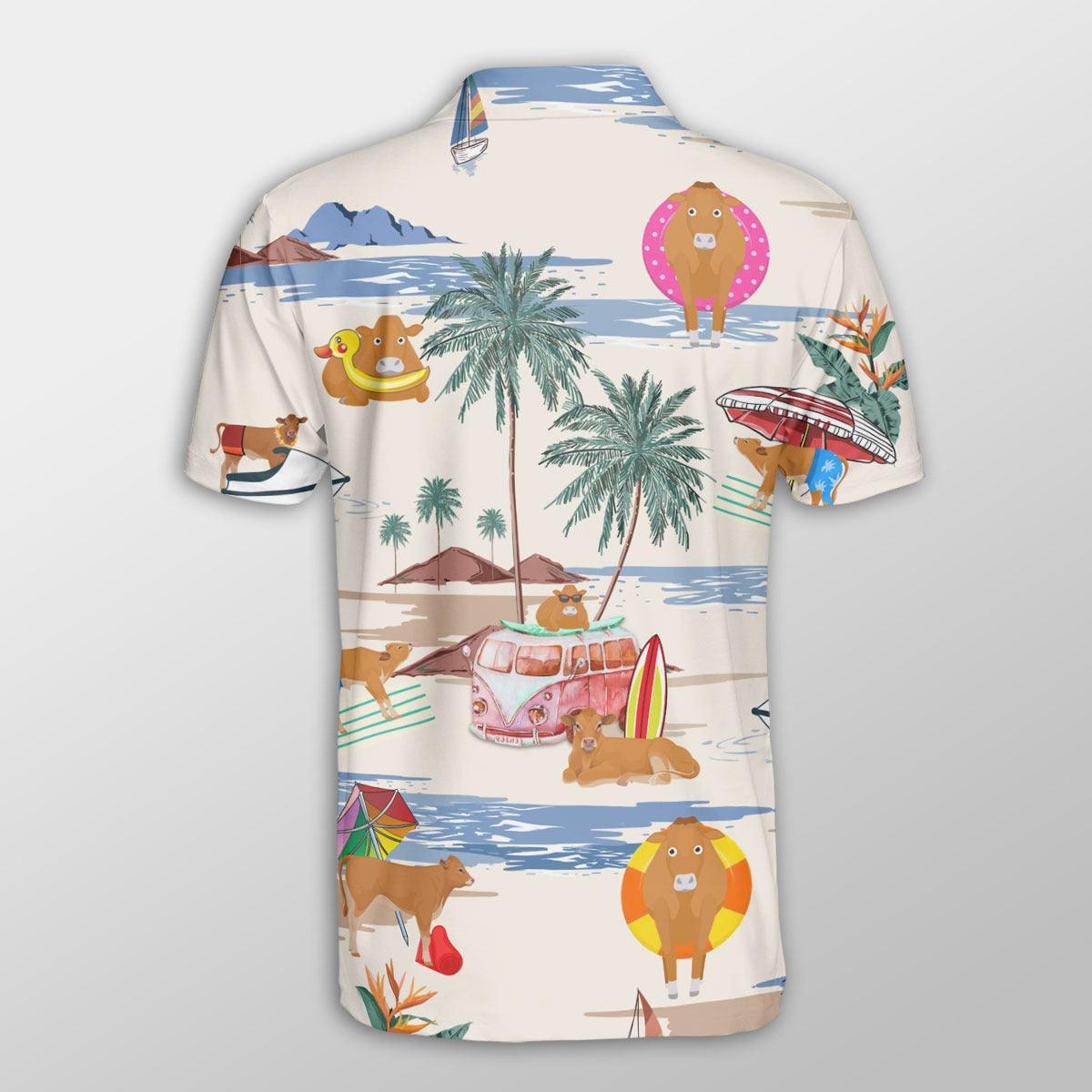 Limousin Men Polo Shirts For Summer - Limousin Summer Beach Pattern Button Shirts For Men - Perfect Gift For Limousin Lovers, Cattle Lovers - Amzanimalsgift