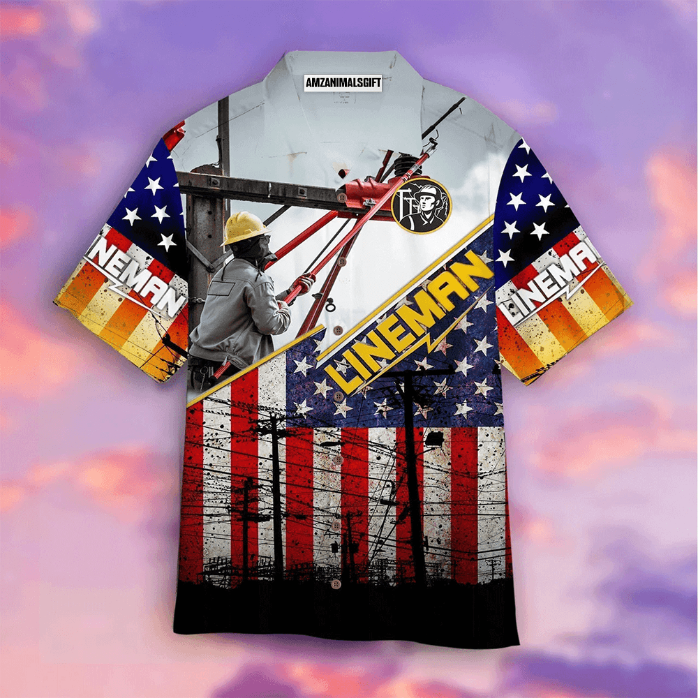 Lineman American Flag Patriotic Aloha Hawaiian Shirts For Men Women, 4th July Gift For Summer, Friend, Family, Independence Day, Lineman Lovers - Amzanimalsgift