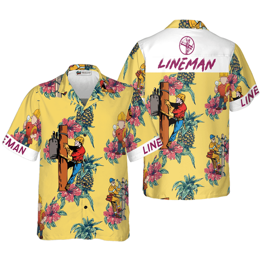 Lineman Pineapple Seamless Pattern Hawaiian Shirt, Colorful Summer Aloha Shirt For Men Women, Perfect Gift For Friend, Family, Husband, Wife - Amzanimalsgift