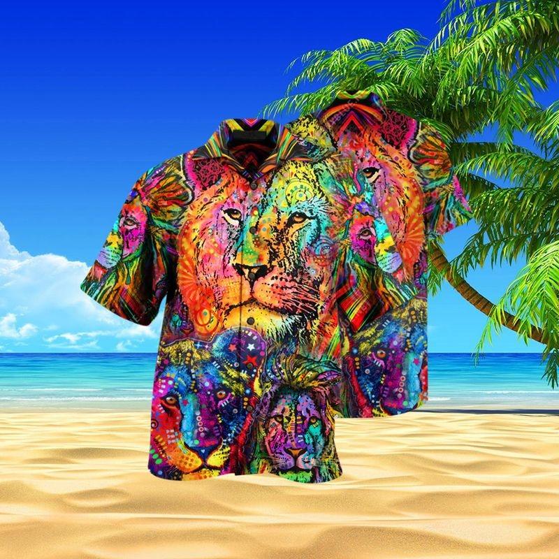 Lion Aloha Hawaiian Shirt - Amazing Lion Colorful Hawaiian Shirt, Colorful Lion Face Pattern Printed Hawaiian Shirt For Men & Women, Lion Lover - Amzanimalsgift