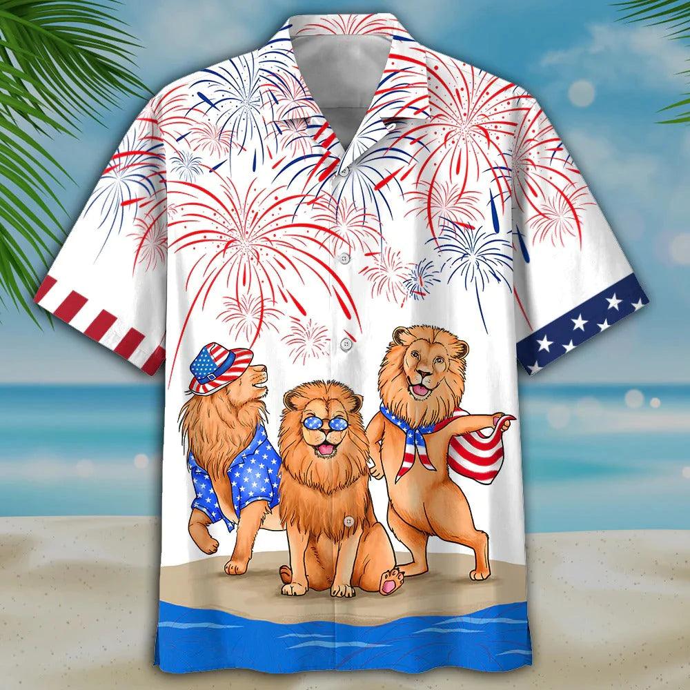 Lion Aloha Hawaiian Shirts For Summer, Happy US Independence Day Funny Aloha Hawaiian Shirt For Men Women, 4th of July Gift For Patriotic, Lion Lovers - Amzanimalsgift