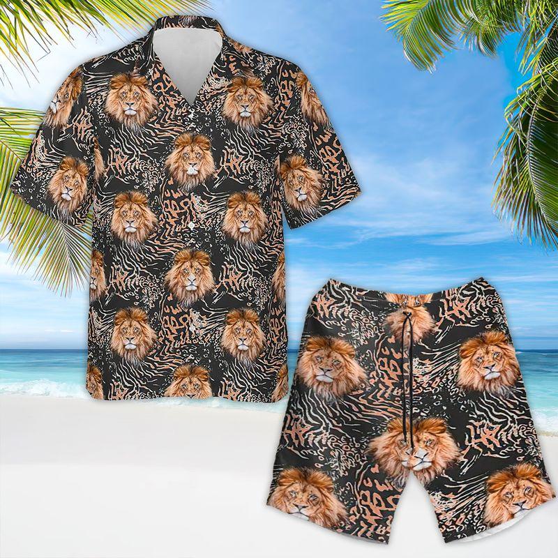 Lion Aloha Hawaiian Shirts For Summer, Lion Head Pattern Leopard Hawaiian Set For Men Women, Funny Gift For Lion Lovers, Friend, Family, Team - Amzanimalsgift