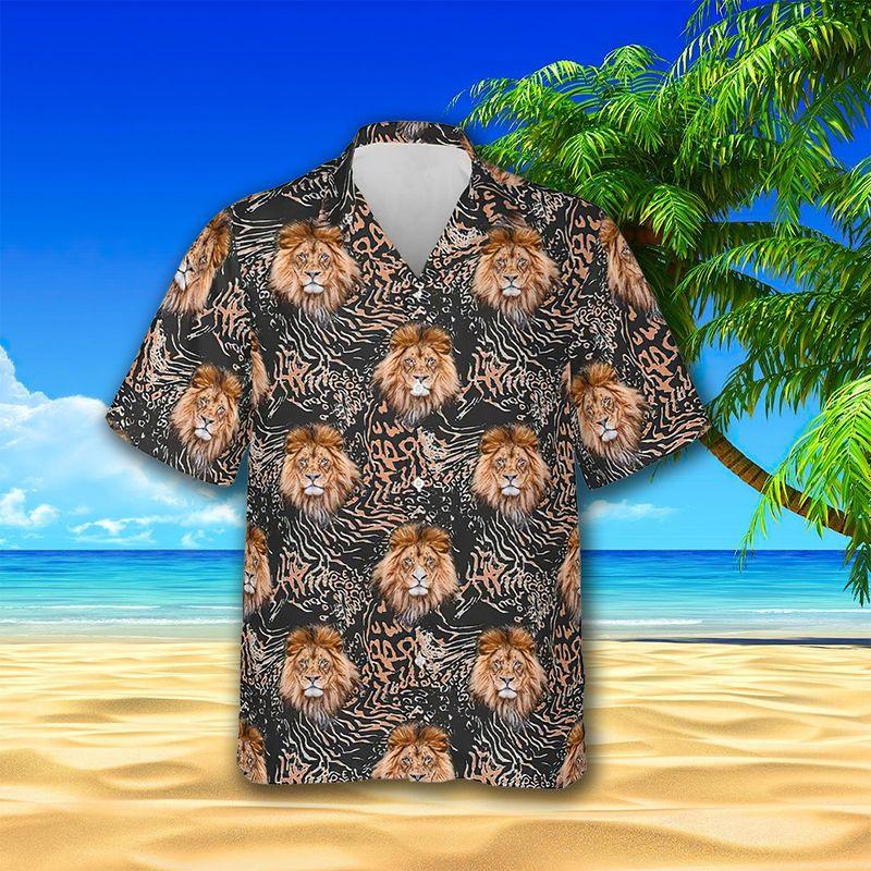 Lion Aloha Hawaiian Shirts For Summer, Lion Head Pattern Leopard Hawaiian Set For Men Women, Funny Gift For Lion Lovers, Friend, Family, Team - Amzanimalsgift