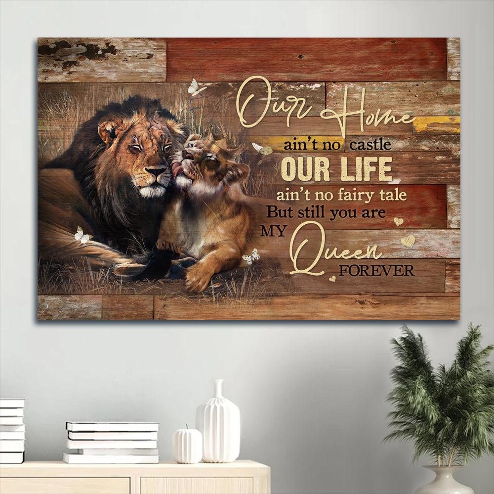 Lion Couple Premium Wrapped Landscape Canvas - Beautiful Lion Drawing, Gold Crown, Rice Field, You Are My Queen Forever - Gift For Couple, Lovers - Amzanimalsgift