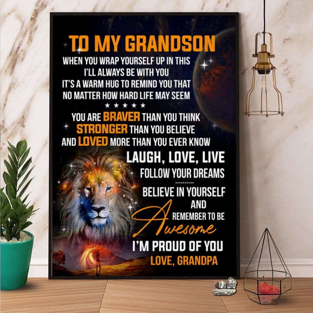 Lion Portrait Canvas For Grandson - Lion To My Grandson Follow Your Dream Canvas, Perfect Gift For Grandson From Grandfather, Lion Love - Amzanimalsgift
