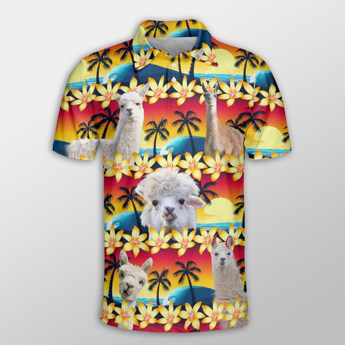 Llama Men Polo Shirts For Summer - Llama Beach Sunset Pattern Button Shirts For Men - Perfect Gift For Llama Lovers, Cattle Lovers - Amzanimalsgift