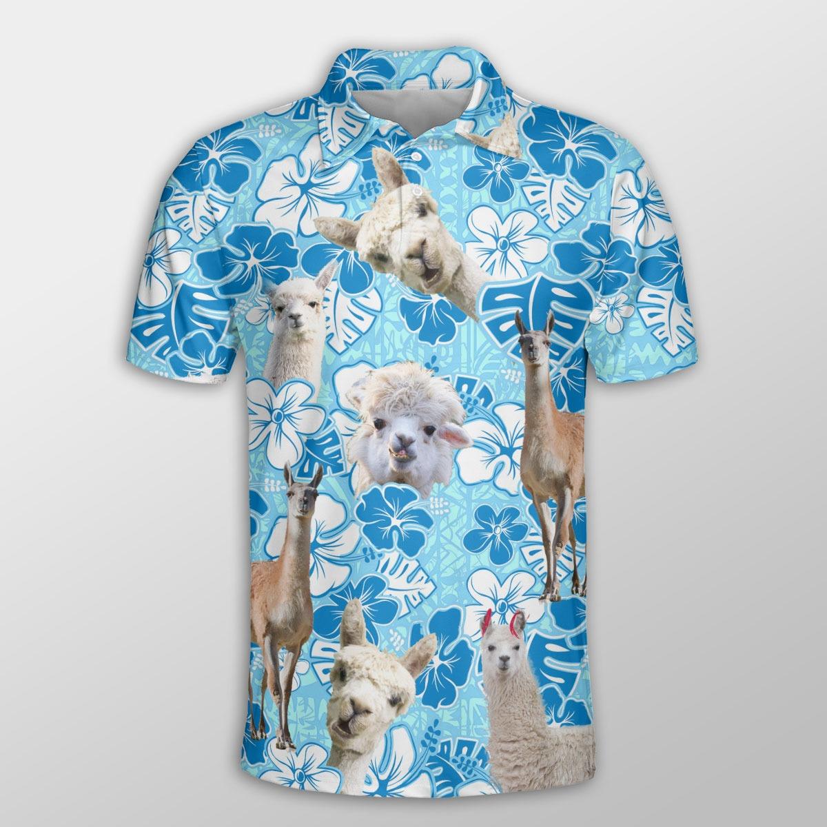 Llama Men Polo Shirts For Summer - Llama Blue Floral Button Shirts For Men - Perfect Gift For Llama Lovers, Summer Lovers - Amzanimalsgift