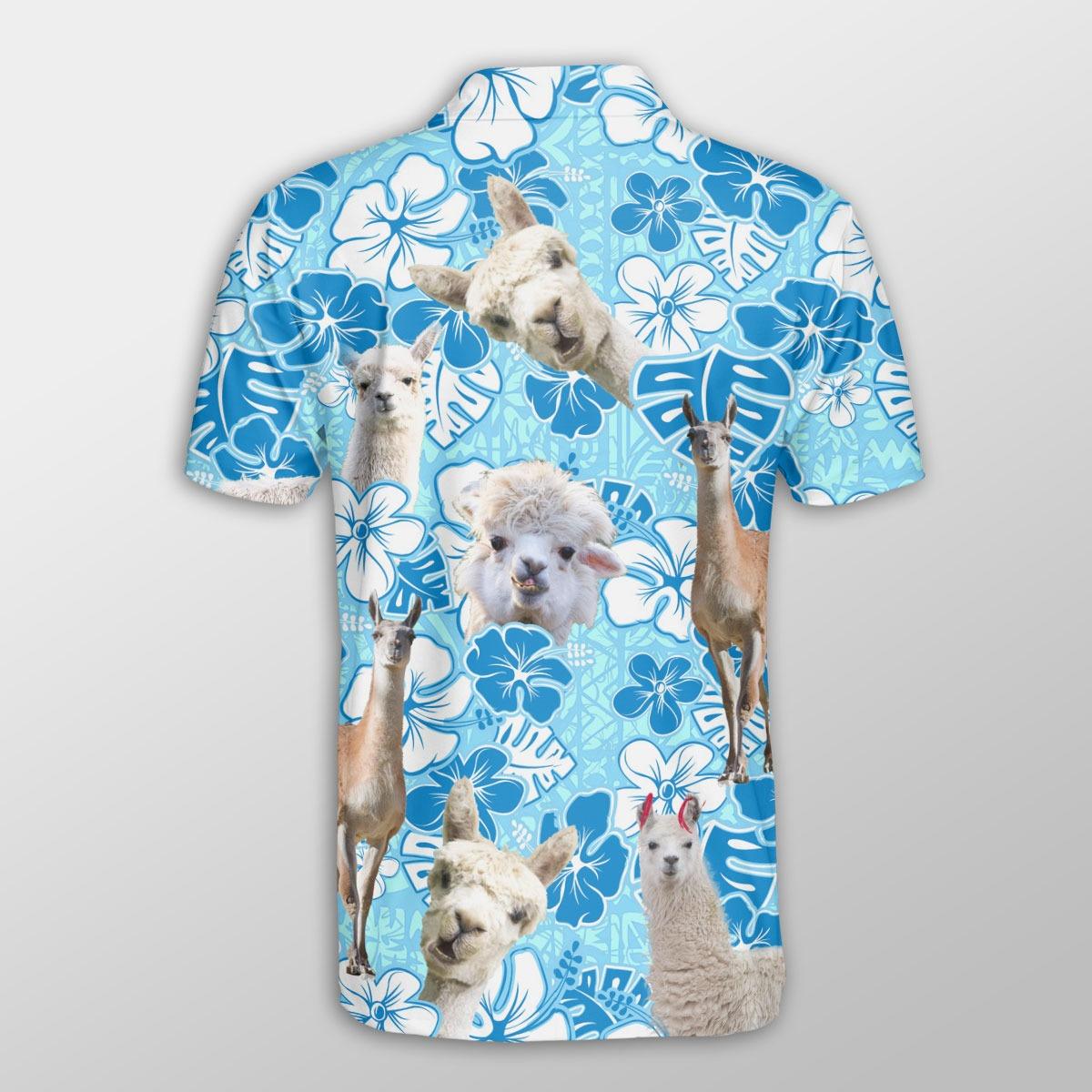 Llama Men Polo Shirts For Summer - Llama Blue Floral Button Shirts For Men - Perfect Gift For Llama Lovers, Summer Lovers - Amzanimalsgift