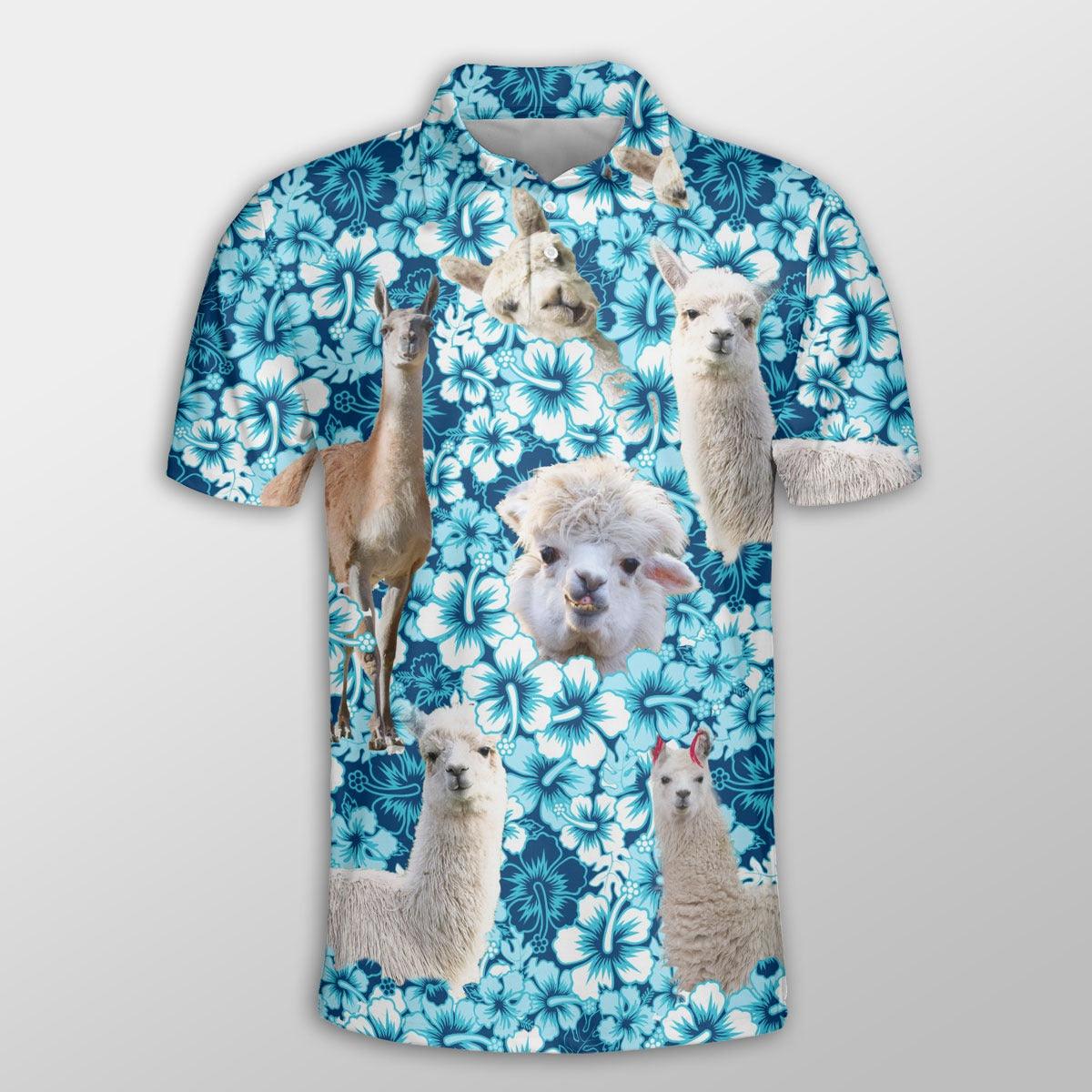 Llama Men Polo Shirts For Summer - Llama Blue Hibiscus Pattern Button Shirts For Men - Perfect Gift For Llama Lovers, Cattle Lovers - Amzanimalsgift