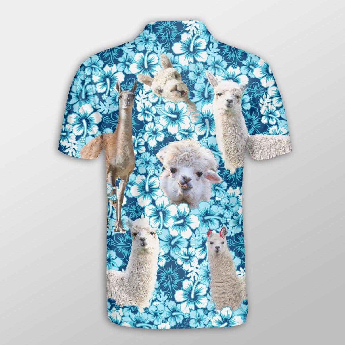 Llama Men Polo Shirts For Summer - Llama Blue Hibiscus Pattern Button Shirts For Men - Perfect Gift For Llama Lovers, Cattle Lovers - Amzanimalsgift