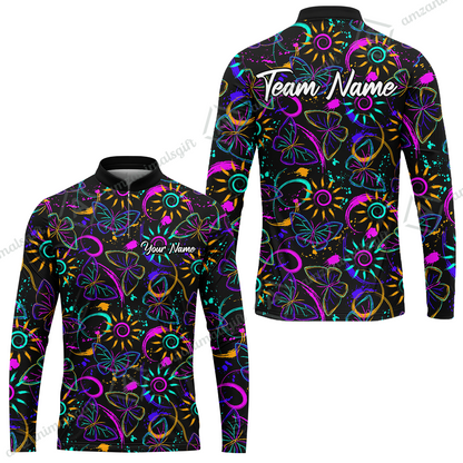 Custom Bowling Jersey Polo Shirt, Colorful Butterfly Bowling, Custom Bowling Jersey Team Shirt For Players With Name & Team Name