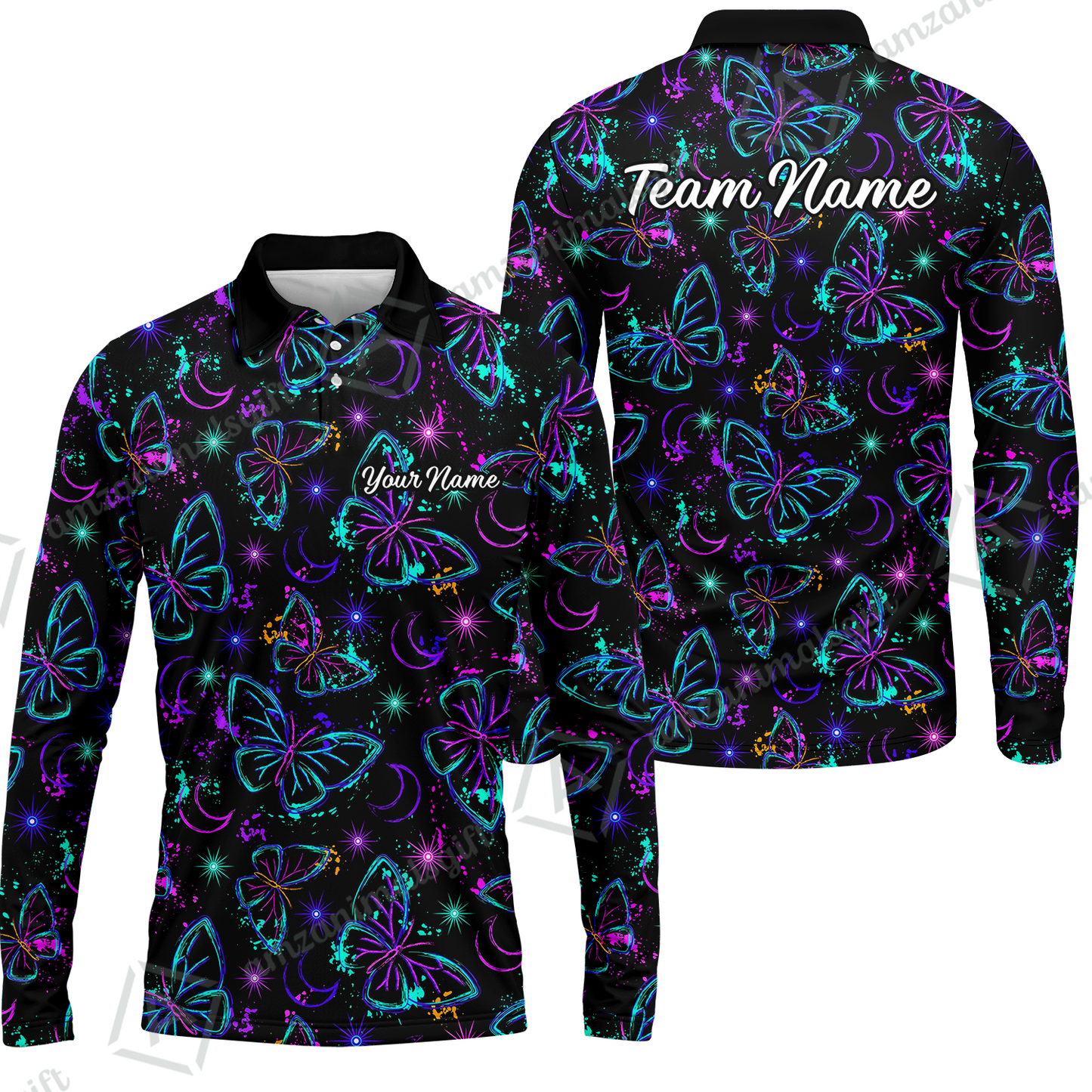 Custom Bowling Jersey Polo Shirt, Butterfly Moon Bowling, Custom Bowling Jersey Team Shirt For Players With Name & Team Name