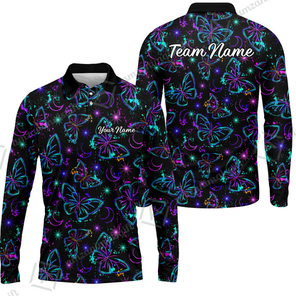 Custom Bowling Jersey Polo Shirt, Butterfly Moon Bowling, Custom Bowling Jersey Team Shirt For Players With Name & Team Name