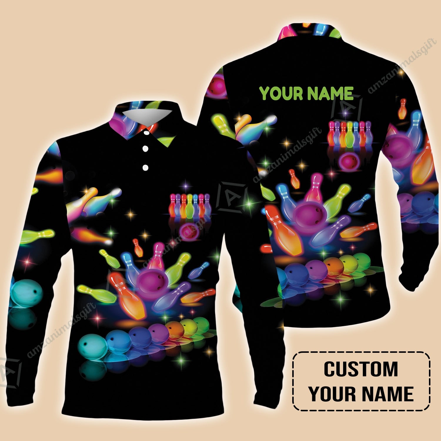 Bowling Long Polo Shirt With Custom Name, Colorful Bowling Pattern Polo Shirt For Men And Women, Perfect Outfits For Bowling Lovers, Bowlers