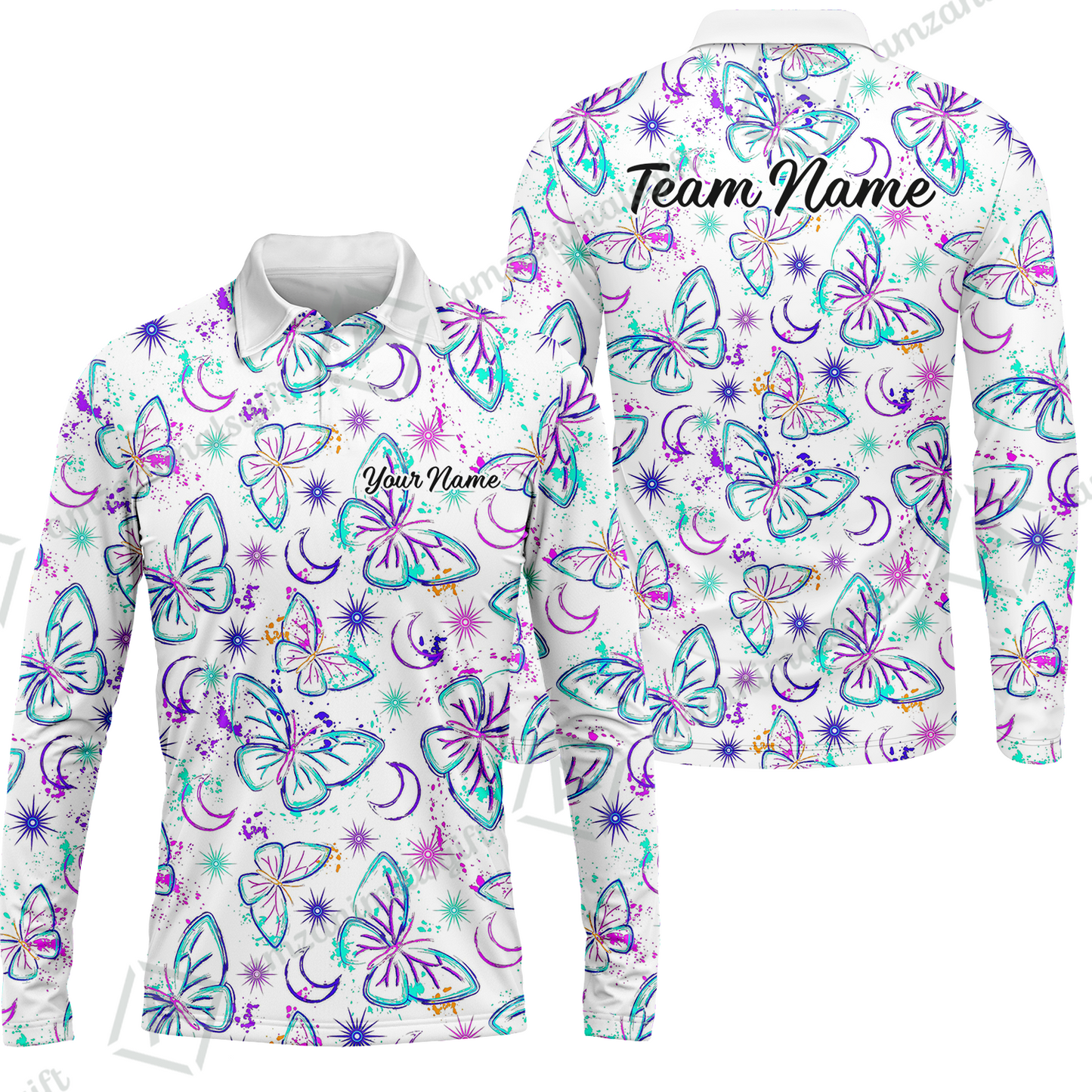Custom Bowling Jersey Polo Shirt, Butterfly Moon Bowling, Custom Bowling Jersey Team Shirt For Players With Name & Team Name