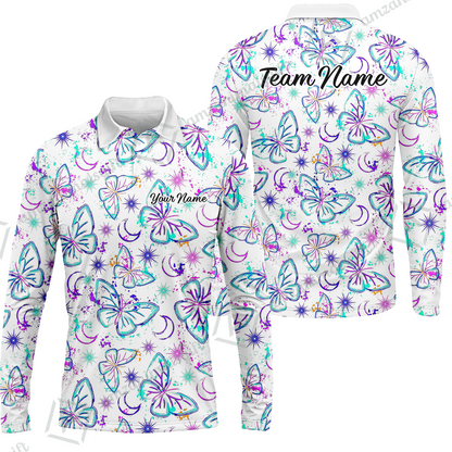 Custom Bowling Jersey Polo Shirt, Butterfly Moon Bowling, Custom Bowling Jersey Team Shirt For Players With Name & Team Name