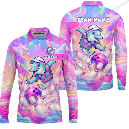 Custom Bowling Jersey Polo Shirt, Dolphin In Galaxy, Custom Bowling Jersey Team Shirt For Players With Name and Team Name