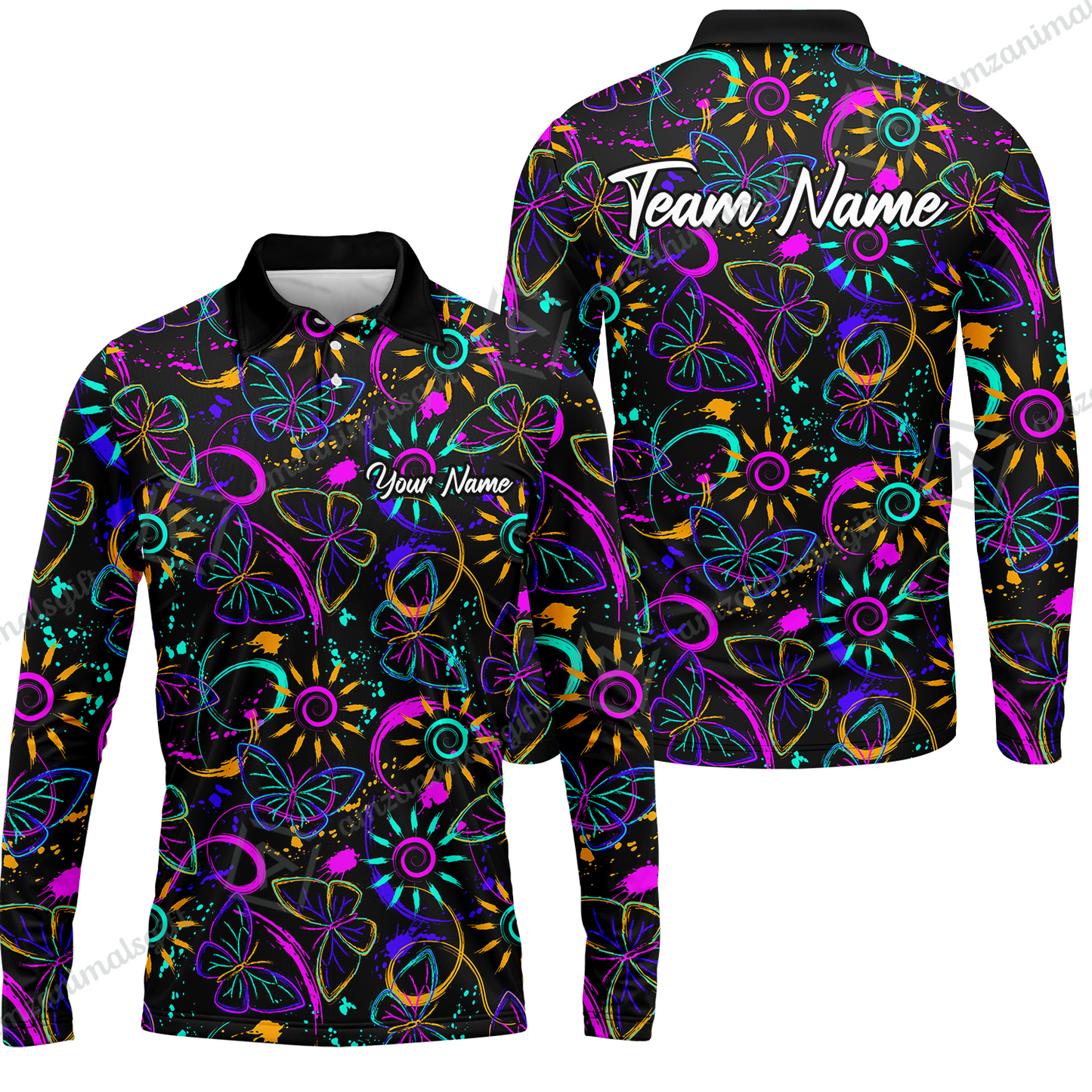Custom Bowling Jersey Polo Shirt, Colorful Butterfly Bowling, Custom Bowling Jersey Team Shirt For Players With Name & Team Name