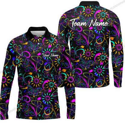 Custom Bowling Jersey Polo Shirt, Colorful Butterfly Bowling, Custom Bowling Jersey Team Shirt For Players With Name & Team Name