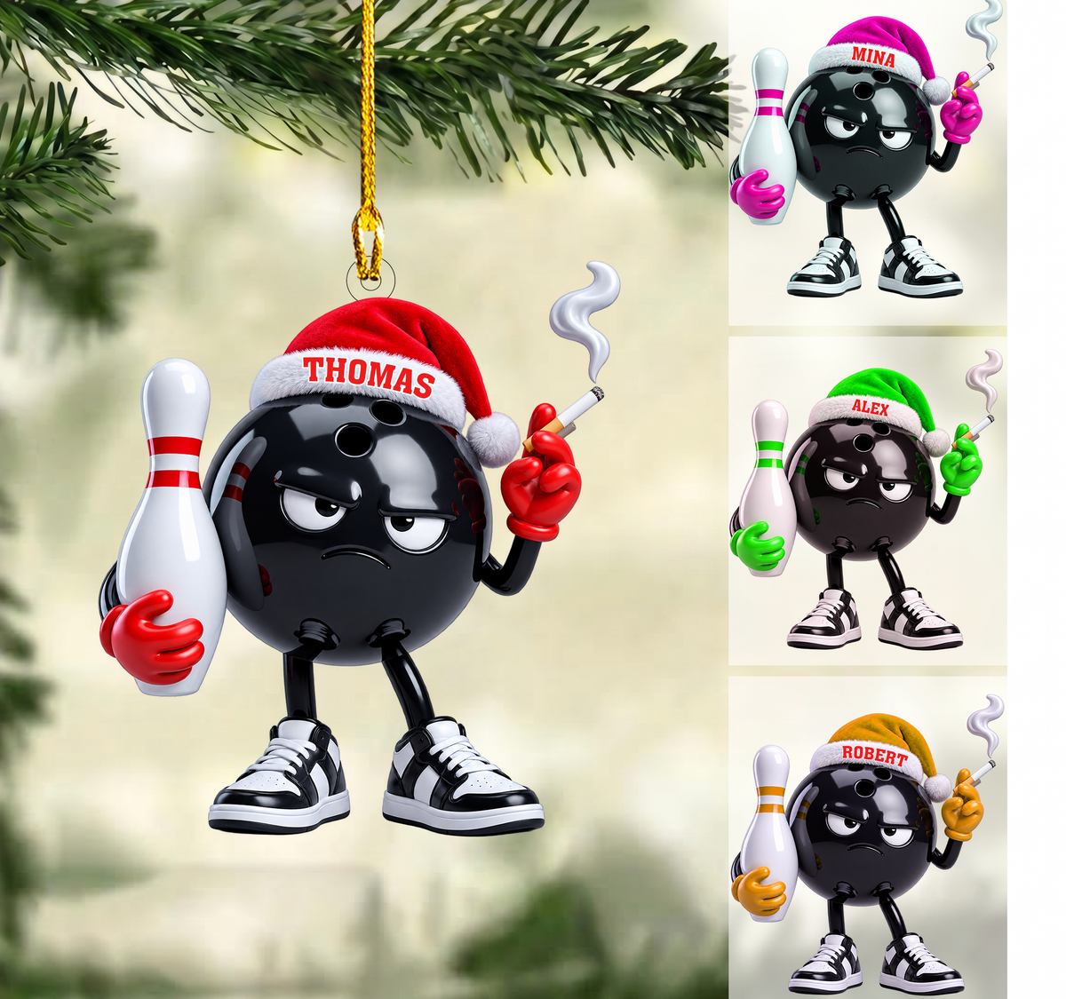 Personalized Badass Bowler Christmas Ornament, Grumpy Black Ball Smoking Cigarette, Custom Ornament Christmas Gift, Keychain Bowling, Car Ornament Bowling
