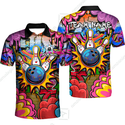 Custom Street Graffiti Bowling Team Jerseys Polo Shirts, Bowling uniforms, Street Graffiti Colorful Bowling Personalized Name And Team Name