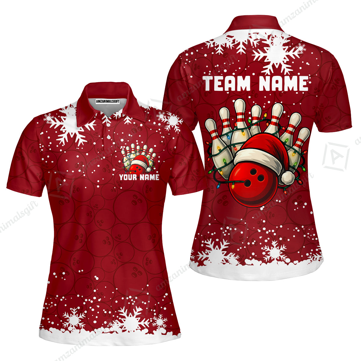 Christmas Bowling snowflake, Custom Xmas Bowling Outfits, Christmas Bowling uniforms - Bowling Polo Personalized Name And Team Name