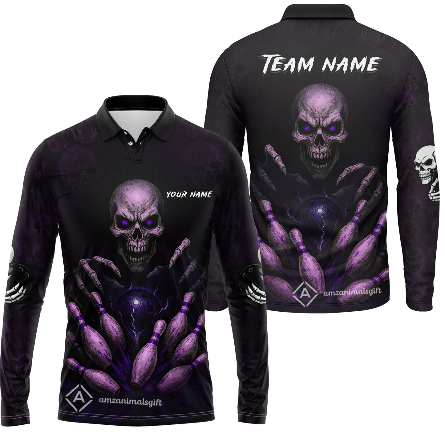 Custom Colorful Skull Bowling Team Jerseys Polo Shirts, Bowling uniforms, Multicolor Skull Bowling Personalized Name And Team Name