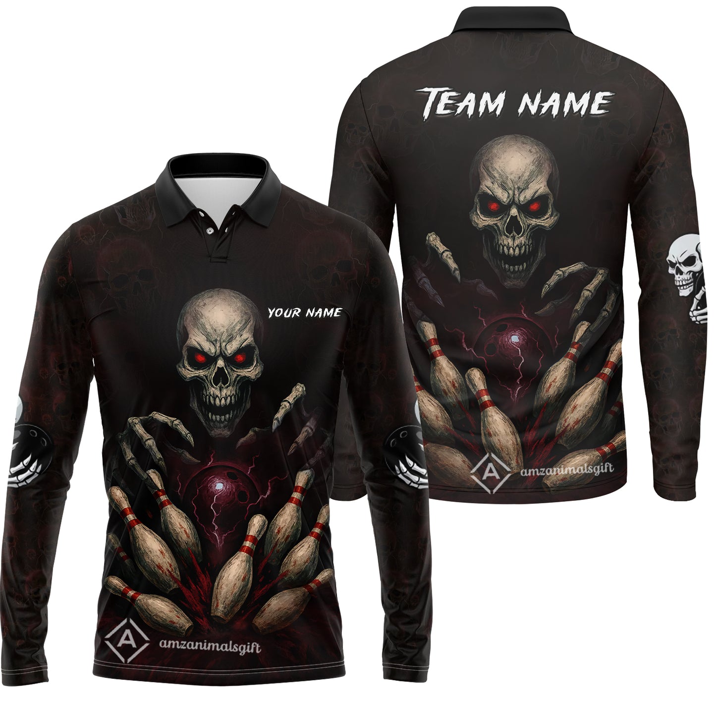 Custom Colorful Skull Bowling Team Jerseys Polo Shirts, Bowling uniforms, Multicolor Skull Bowling Personalized Name And Team Name
