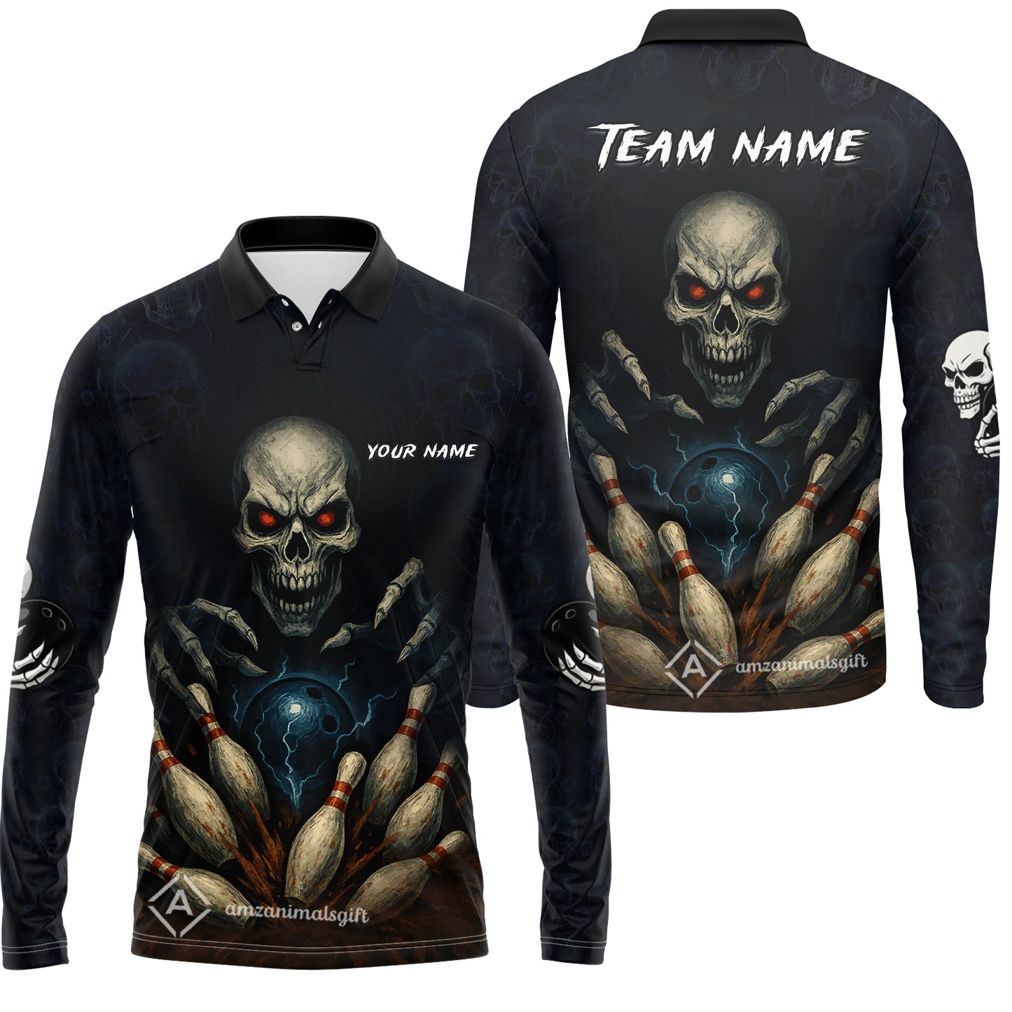 Custom Colorful Skull Bowling Team Jerseys Polo Shirts, Bowling uniforms, Multicolor Skull Bowling Personalized Name And Team Name