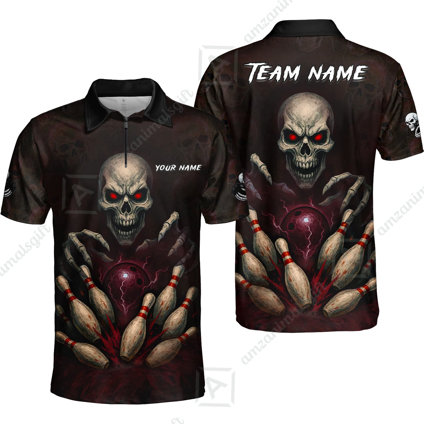 Custom Colorful Skull Bowling Team Jerseys Polo Shirts, Bowling uniforms, Multicolor Skull Bowling Personalized Name And Team Name