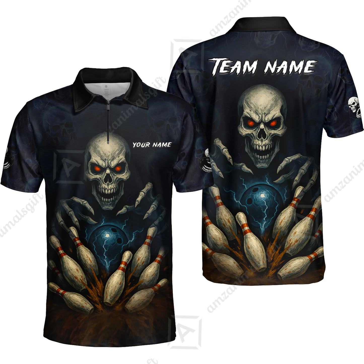 Custom Colorful Skull Bowling Team Jerseys Polo Shirts, Bowling uniforms, Multicolor Skull Bowling Personalized Name And Team Name