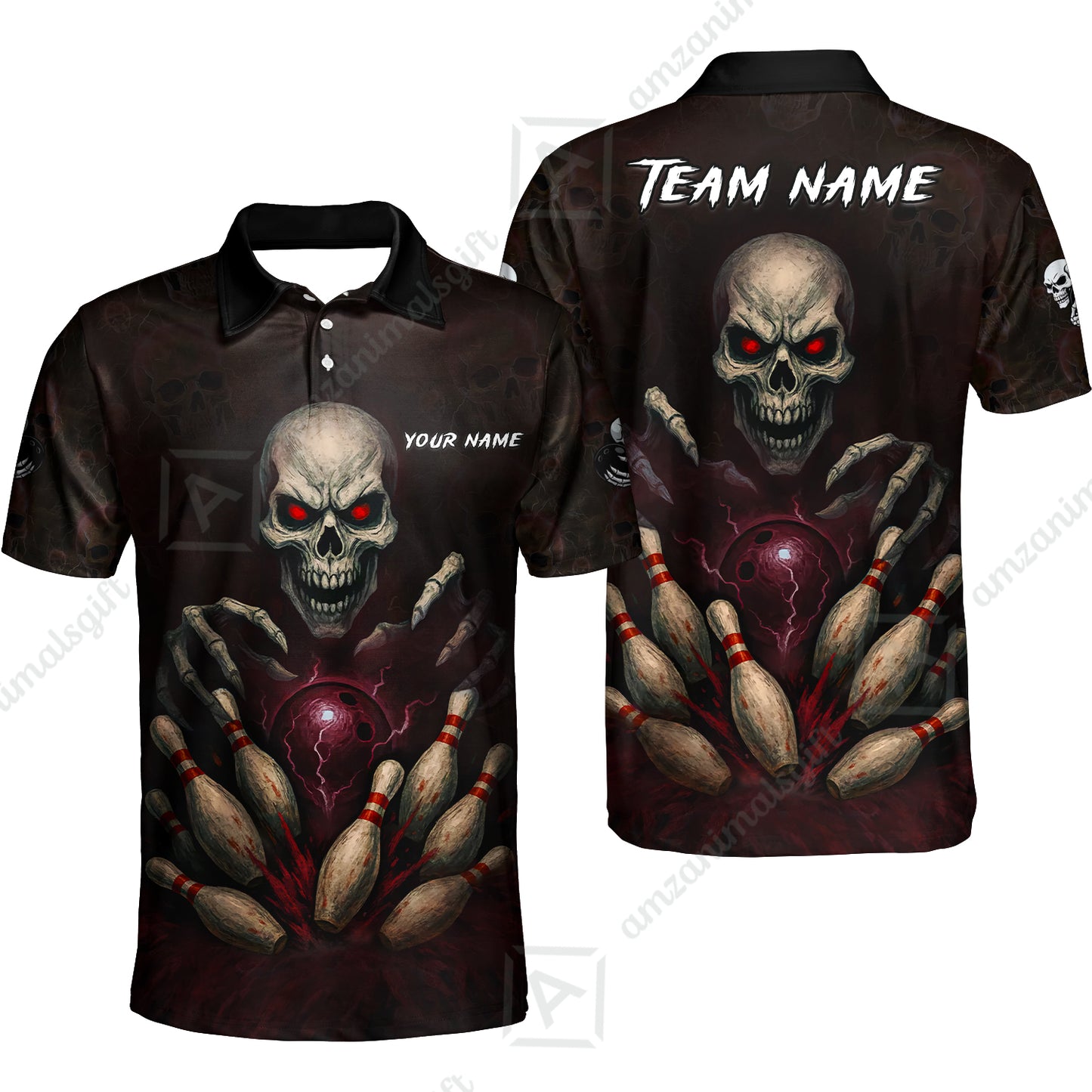 Custom Colorful Skull Bowling Team Jerseys Polo Shirts, Bowling uniforms, Multicolor Skull Bowling Personalized Name And Team Name