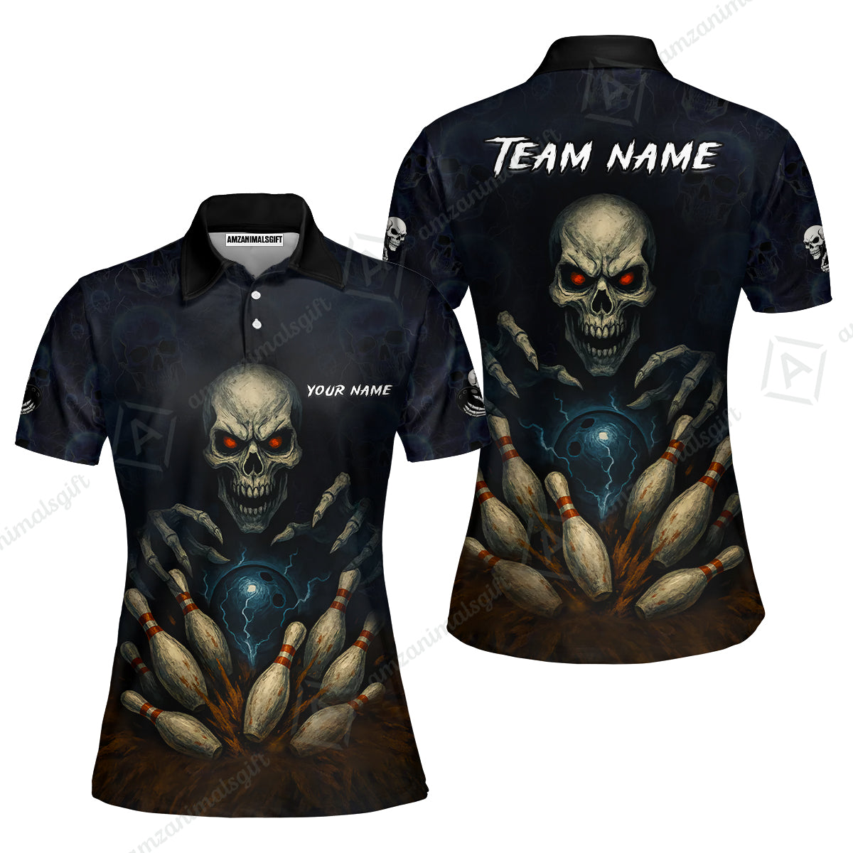 Custom Colorful Skull Bowling Team Jerseys Polo Shirts, Bowling uniforms, Multicolor Skull Bowling Personalized Name And Team Name