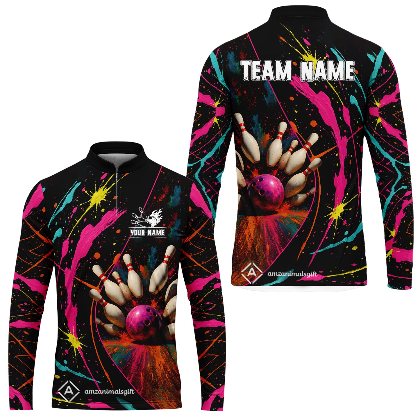 Custom Colorful Splash Bowling Team Jerseys Polo Shirts, Bowling uniforms, Multicolor Splash Bowling Personalized Name And Team Name