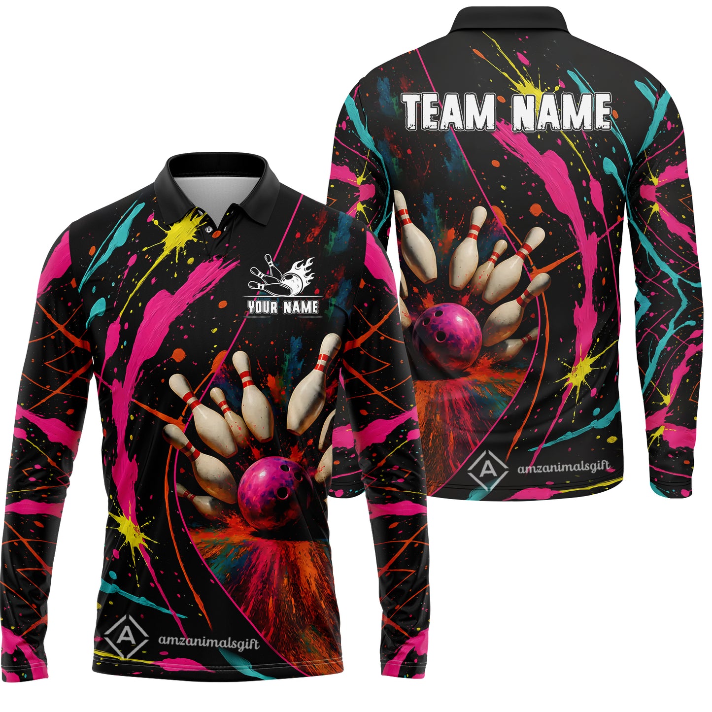 Custom Colorful Splash Bowling Team Jerseys Polo Shirts, Bowling uniforms, Multicolor Splash Bowling Personalized Name And Team Name