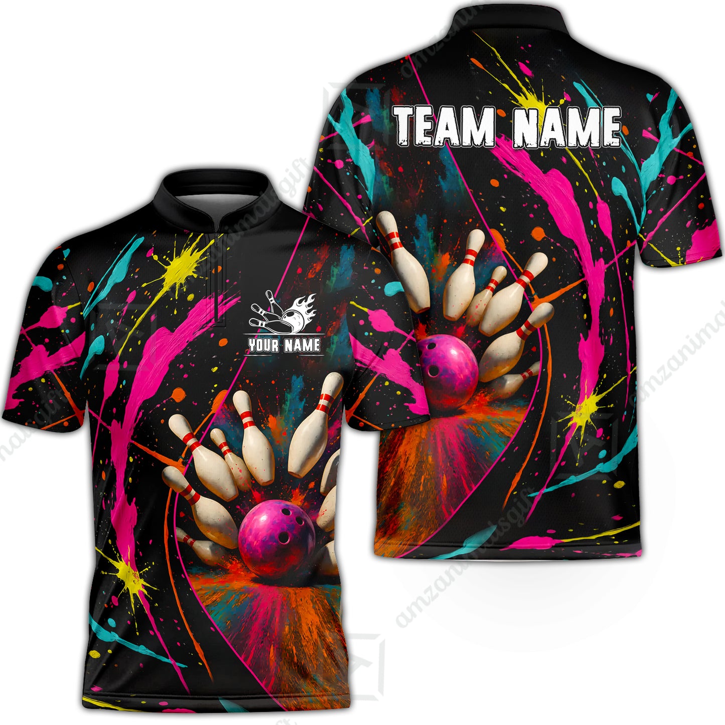 Custom Colorful Splash Bowling Team Jerseys Polo Shirts, Bowling uniforms, Multicolor Splash Bowling Personalized Name And Team Name