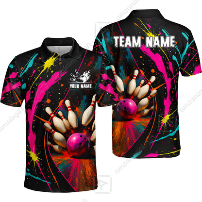 Custom Colorful Splash Bowling Team Jerseys Polo Shirts, Bowling uniforms, Multicolor Splash Bowling Personalized Name And Team Name