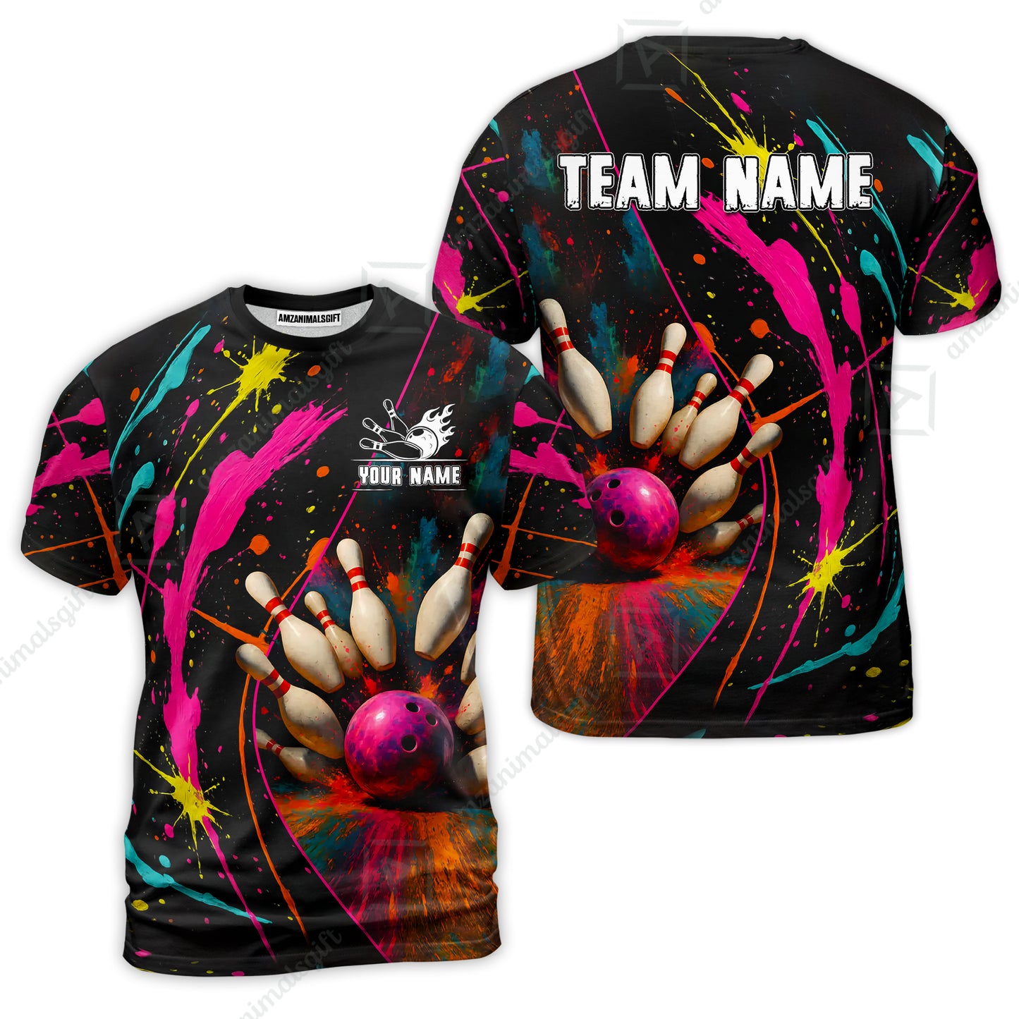 Custom Colorful Splash Bowling Team Jerseys Polo Shirts, Bowling uniforms, Multicolor Splash Bowling Personalized Name And Team Name