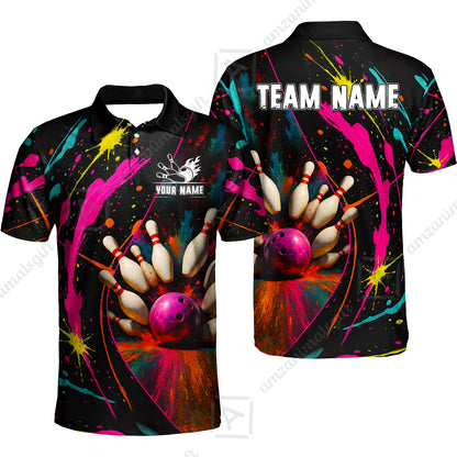 Custom Colorful Splash Bowling Team Jerseys Polo Shirts, Bowling uniforms, Multicolor Splash Bowling Personalized Name And Team Name