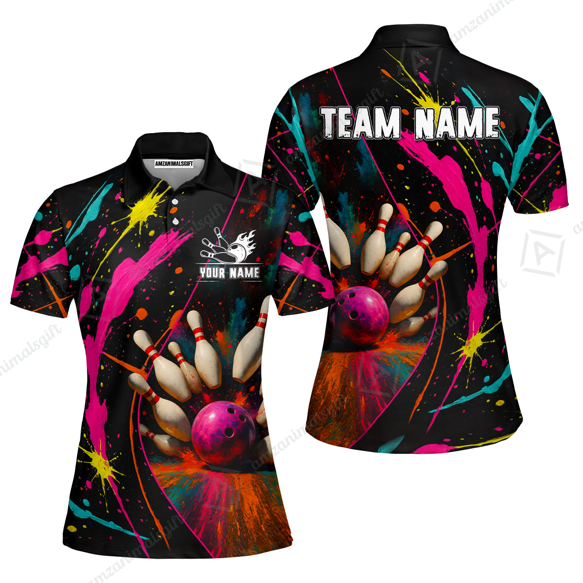 Custom Colorful Splash Bowling Team Jerseys Polo Shirts, Bowling uniforms, Multicolor Splash Bowling Personalized Name And Team Name