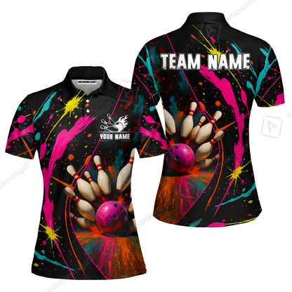 Custom Colorful Splash Bowling Team Jerseys Polo Shirts, Bowling uniforms, Multicolor Splash Bowling Personalized Name And Team Name