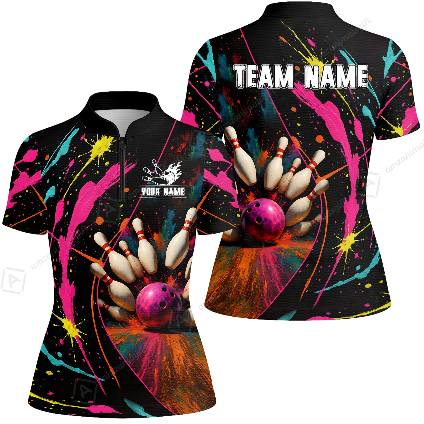 Custom Colorful Splash Bowling Team Jerseys Polo Shirts, Bowling uniforms, Multicolor Splash Bowling Personalized Name And Team Name
