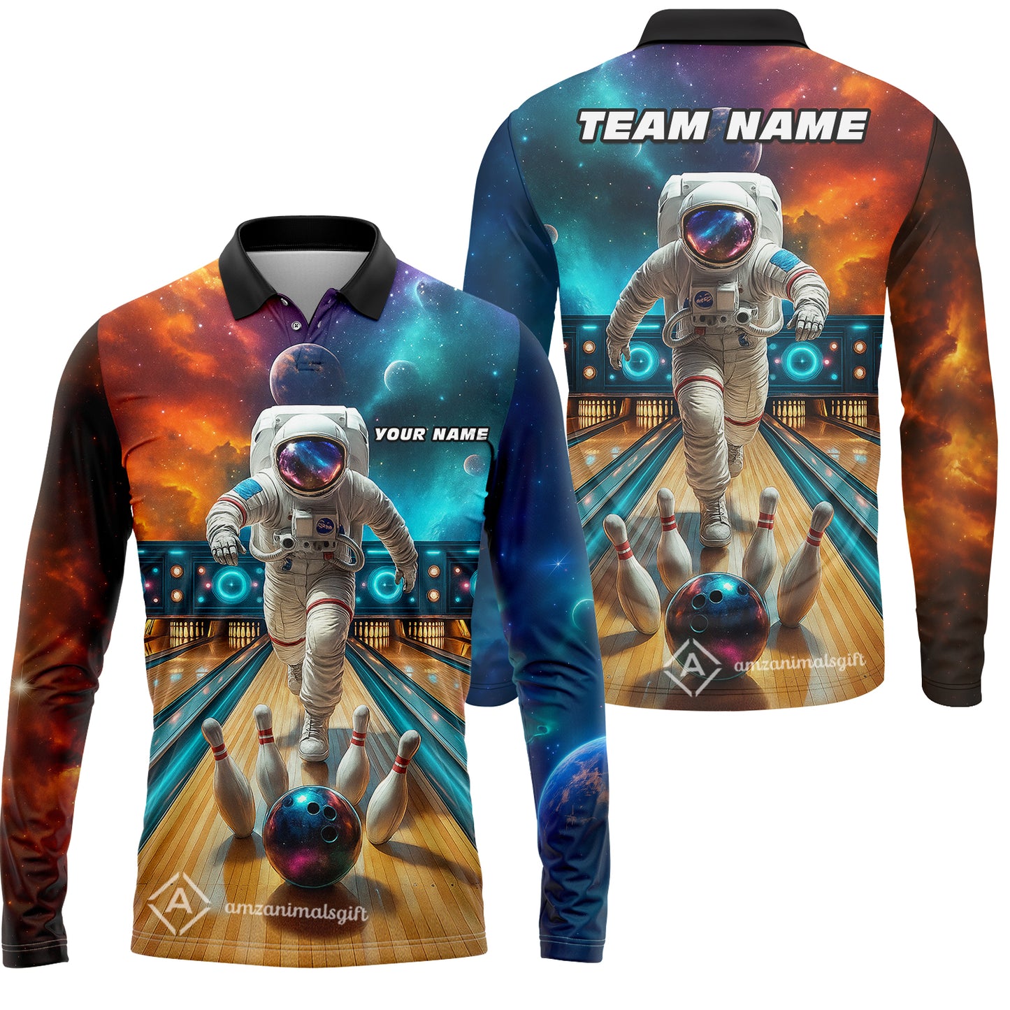 Custom Space Strike Bowling Team Jerseys Polo Shirts, Bowling uniforms, Astronaut Bowling Personalized Name And Team Name