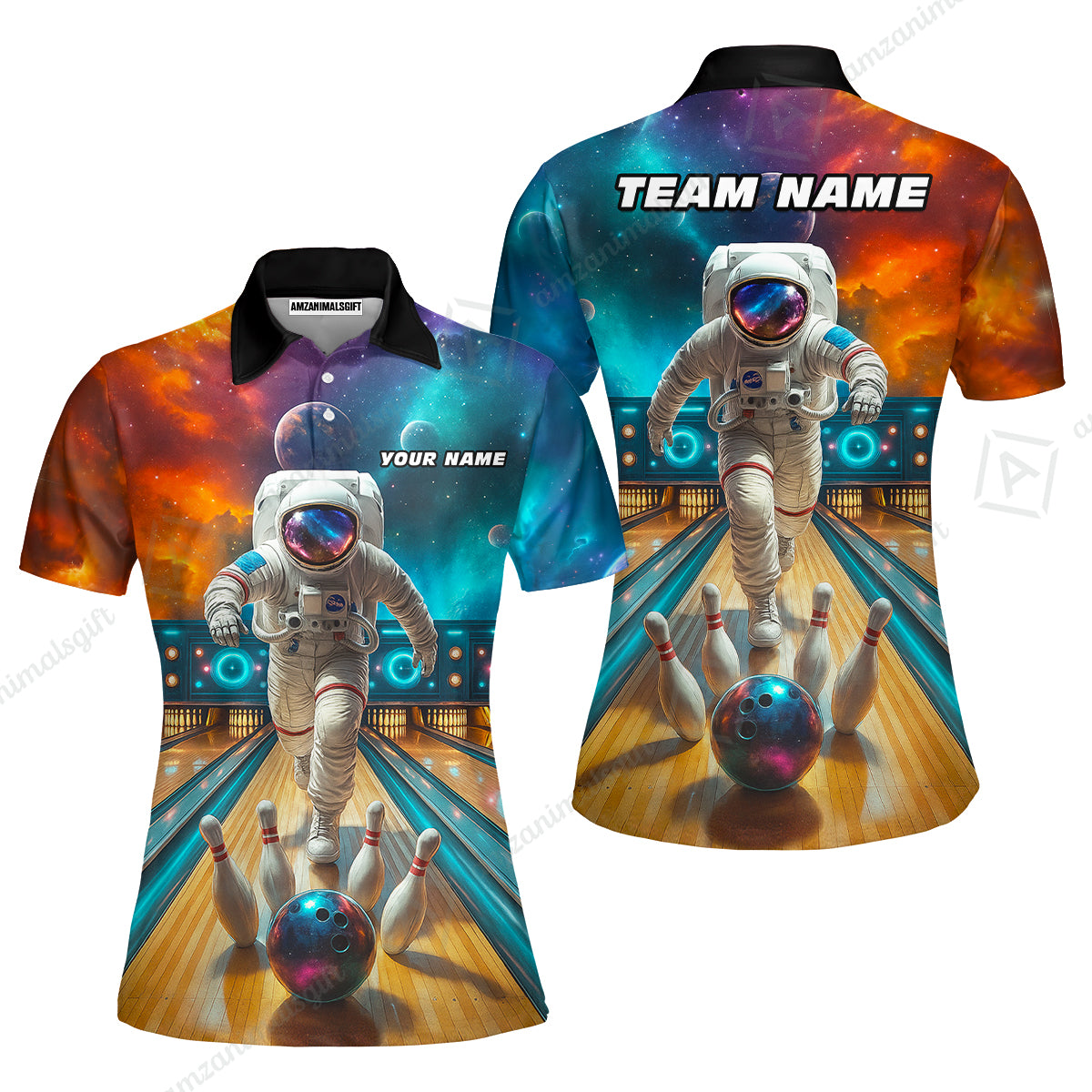 Custom Space Strike Bowling Team Jerseys Polo Shirts, Bowling uniforms, Astronaut Bowling Personalized Name And Team Name