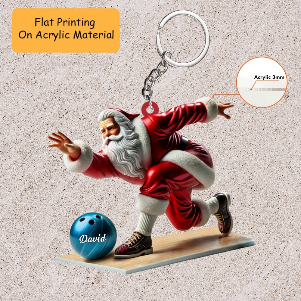Personalized Santa Bowling Ornament, Bowling Christmas Keychain, Car Ornament, Christmas Ornament Gifts