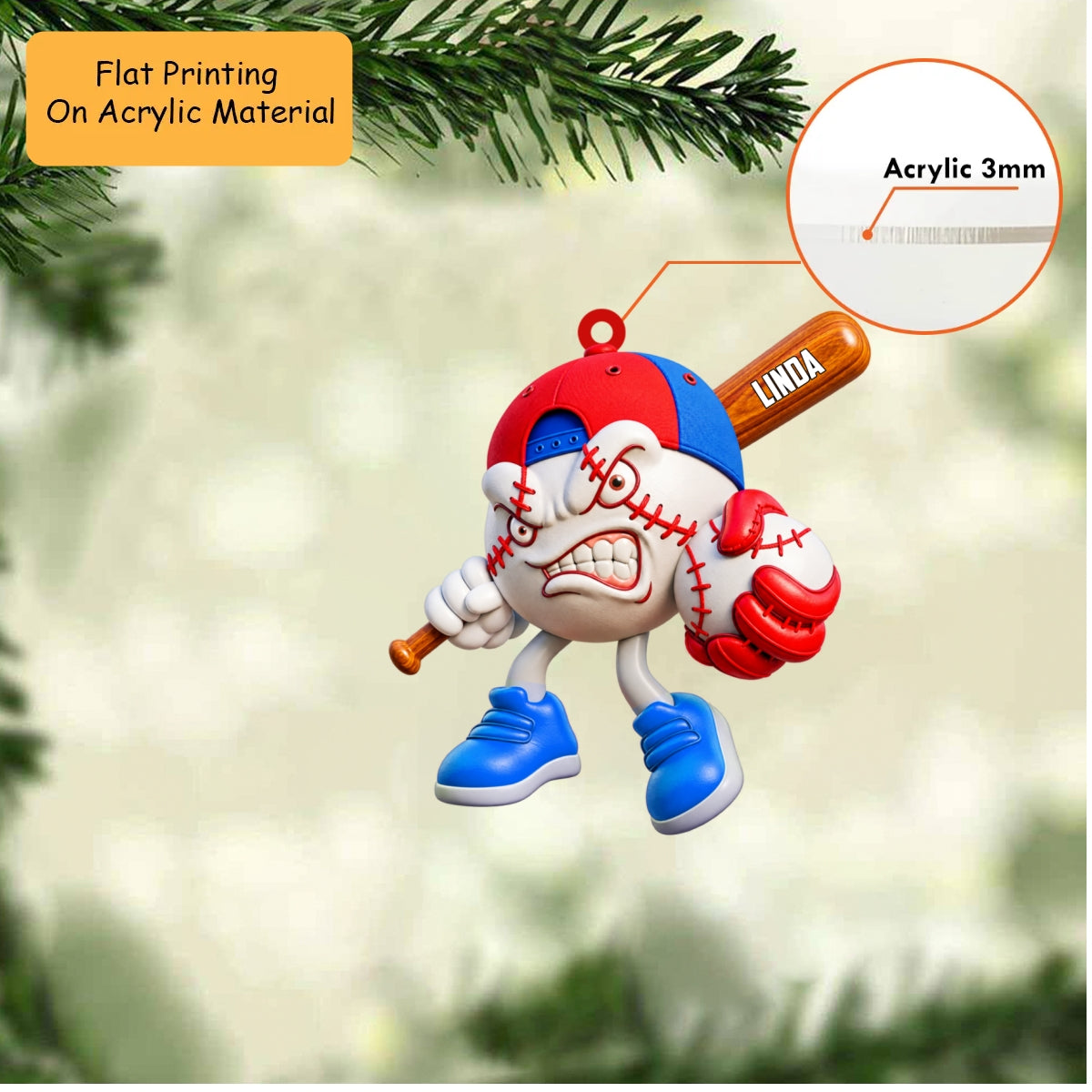 Personalized Baseball Christmas Ornament, Fierce Mascot Holding Bat And Glove, Custom Ornament Christmas Gift, Keychain Baseball, Car Ornament Baseball
